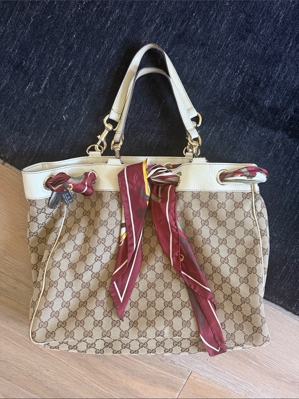 Gucci Beige Monogram Canvas Tote with Cream Trim and Burgundy Scarf